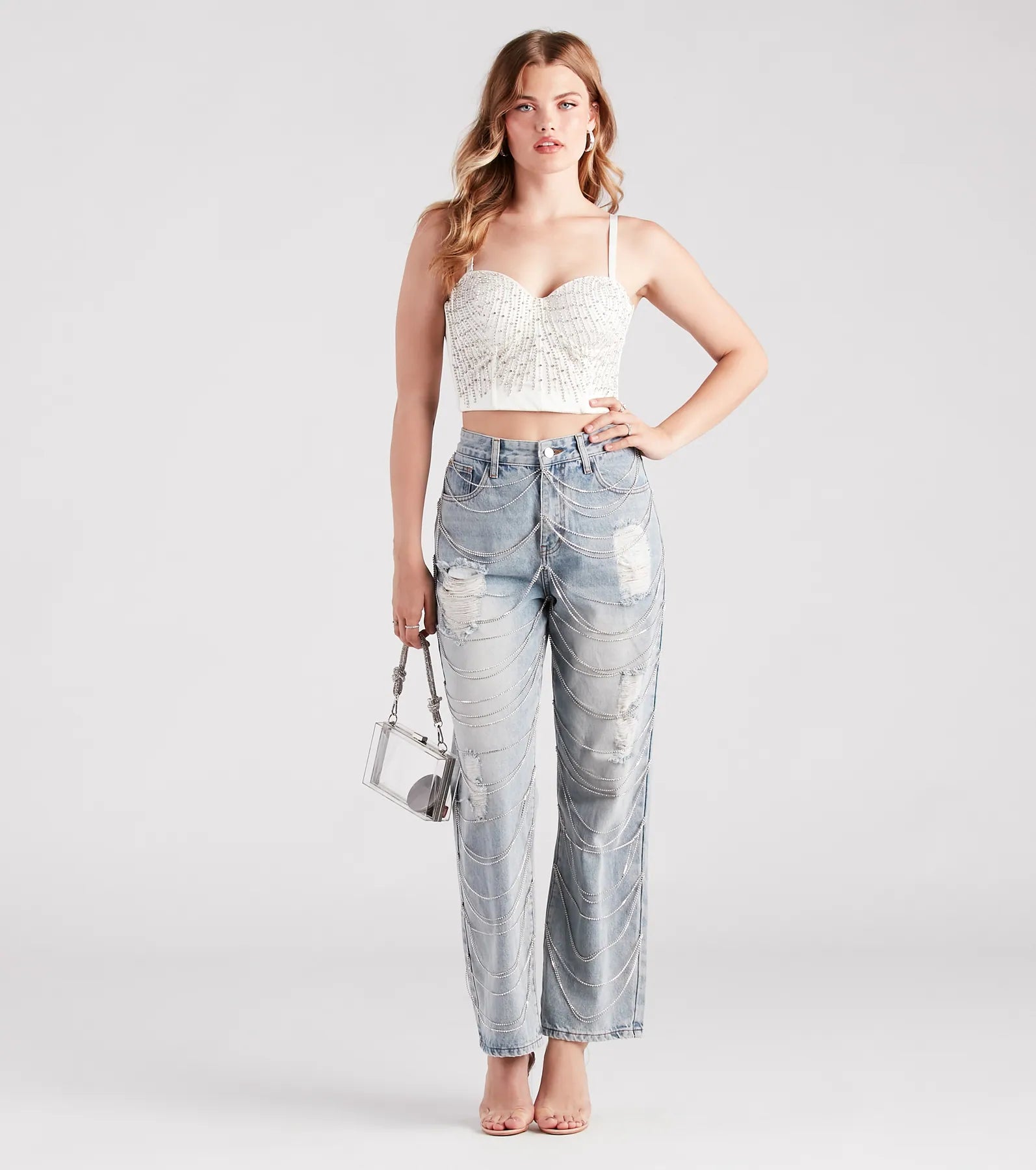 Glitzy Icon Rhinestone Draped Straight-Leg Jeans - Image 3