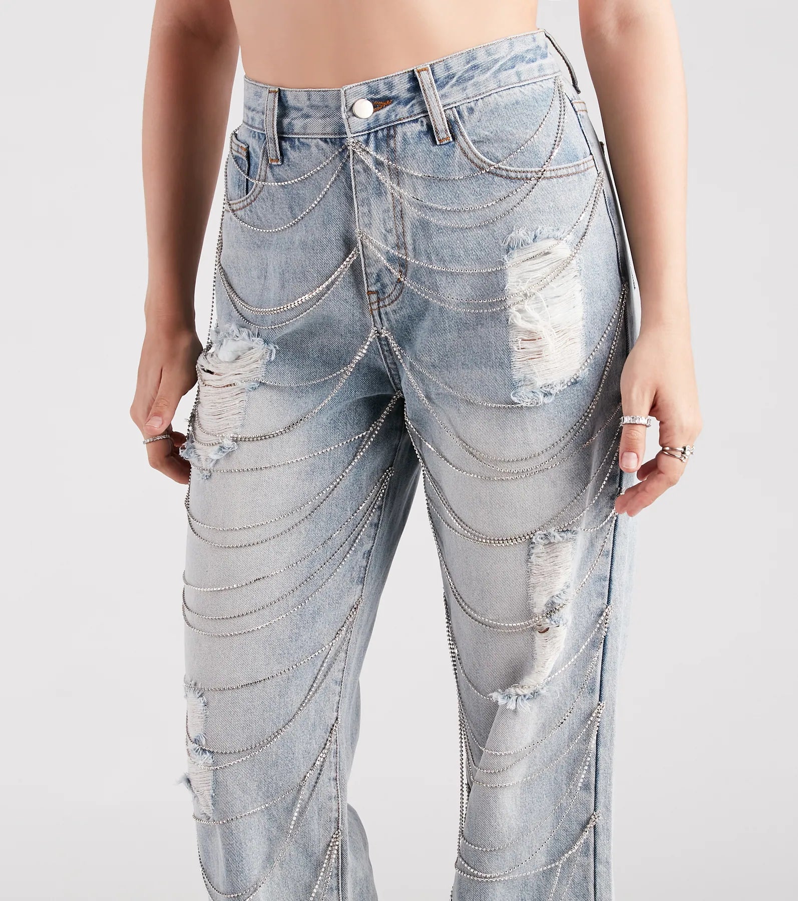 Glitzy Icon Rhinestone Draped Straight-Leg Jeans - Image 4
