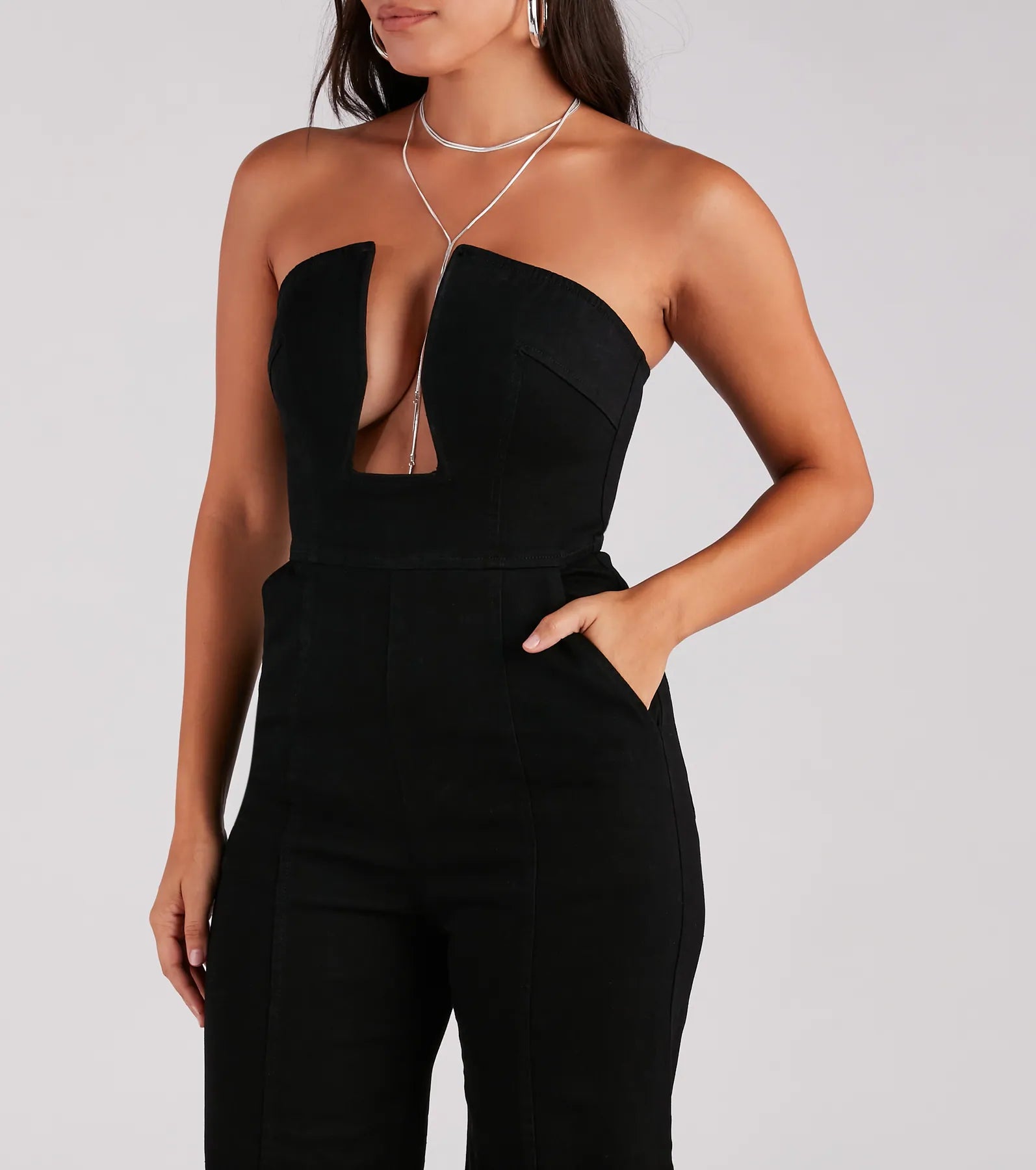 Entice The Night Plunge Neck Denim Jumpsuit - Image 5