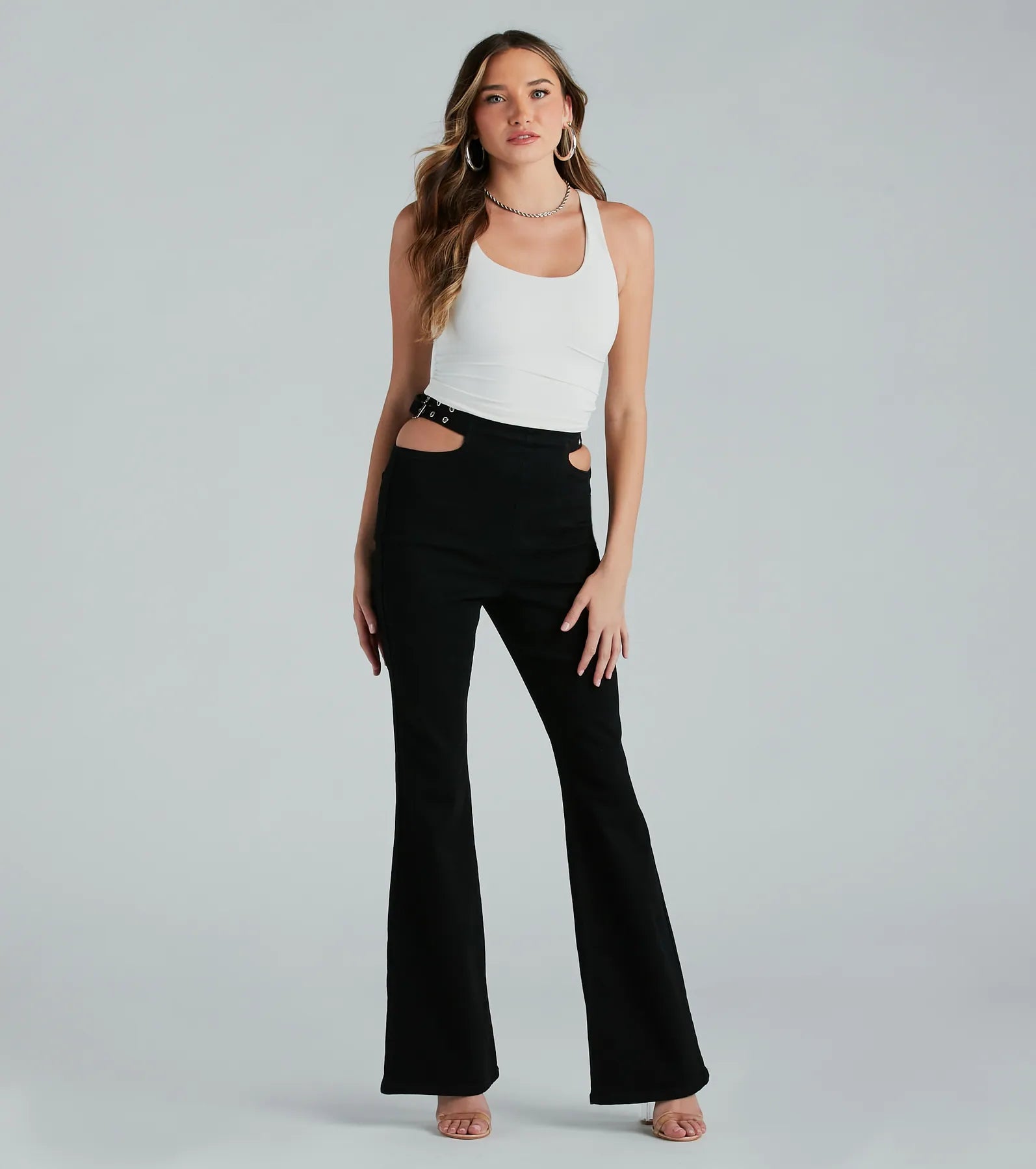 Buckle Up High Rise Cutout Flare Denim Jeans - Image 3