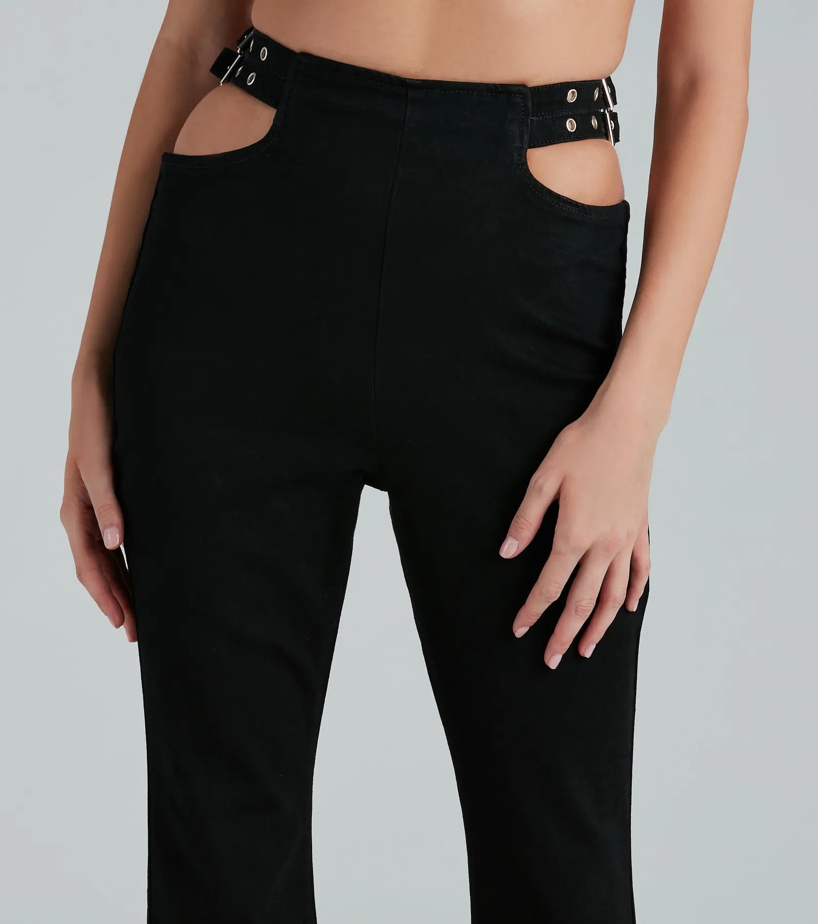 Buckle Up High Rise Cutout Flare Denim Jeans - Image 4