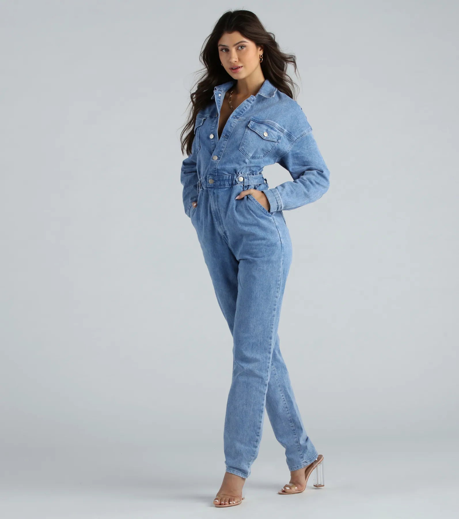 Weekend Style Long Sleeve Denim Jumpsuit - Image 3