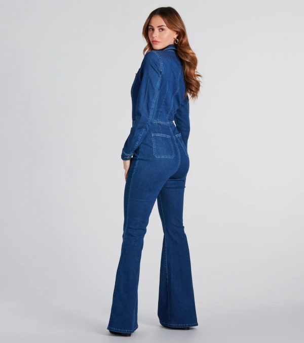You've Got Flare Long Sleeve Denim Jumpsuit - Image 2