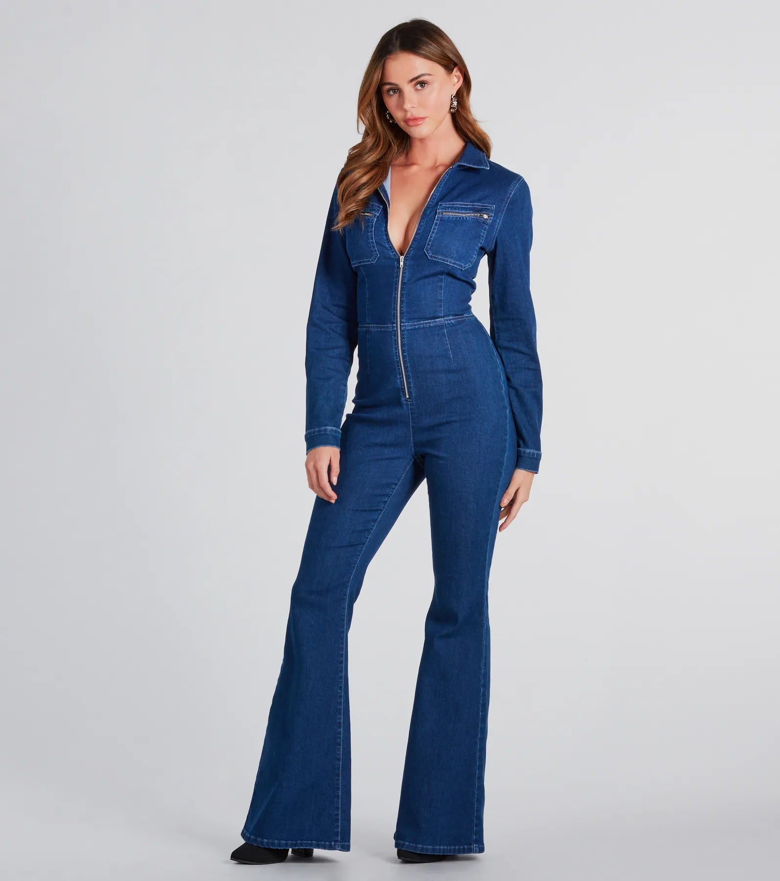 You've Got Flare Long Sleeve Denim Jumpsuit - Image 3