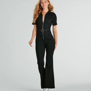 Revamped Retro Belted Flare Denim Jumpsuit