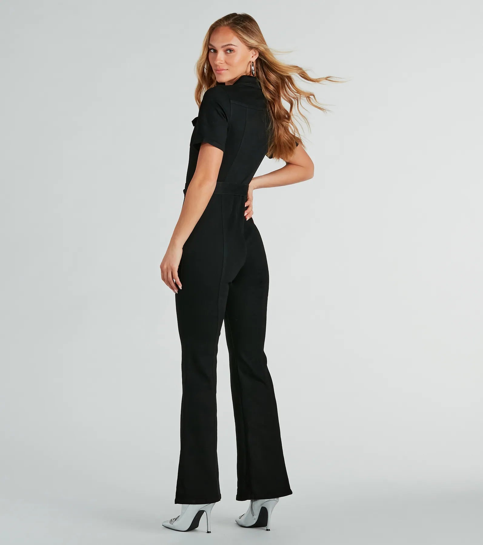 Revamped Retro Belted Flare Denim Jumpsuit - Image 2