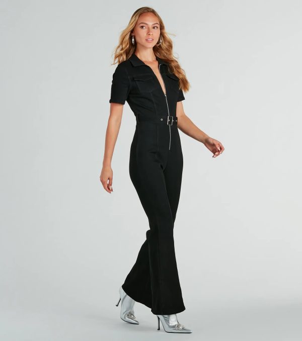 Revamped Retro Belted Flare Denim Jumpsuit - Image 3