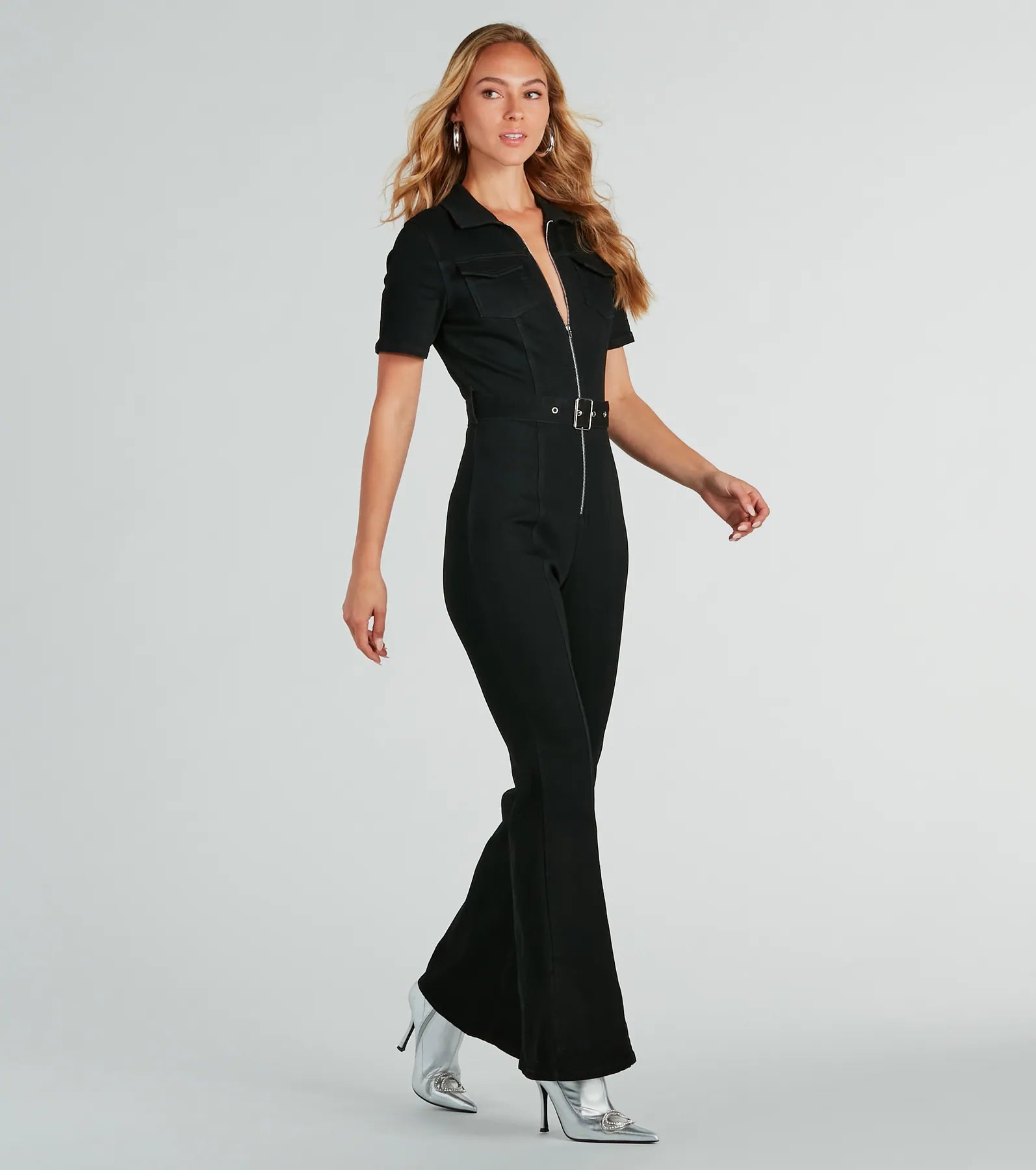 Revamped Retro Belted Flare Denim Jumpsuit - Image 3