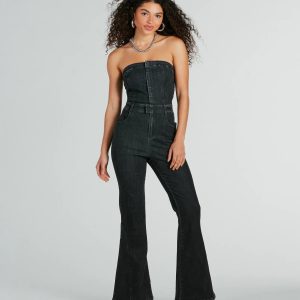 Flirty Retro Strapless Flare Denim Jumpsuit