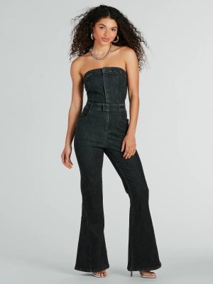Flirty Retro Strapless Flare Denim Jumpsuit