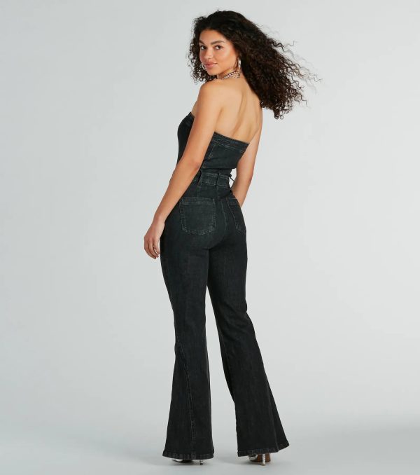 Flirty Retro Strapless Flare Denim Jumpsuit - Image 2