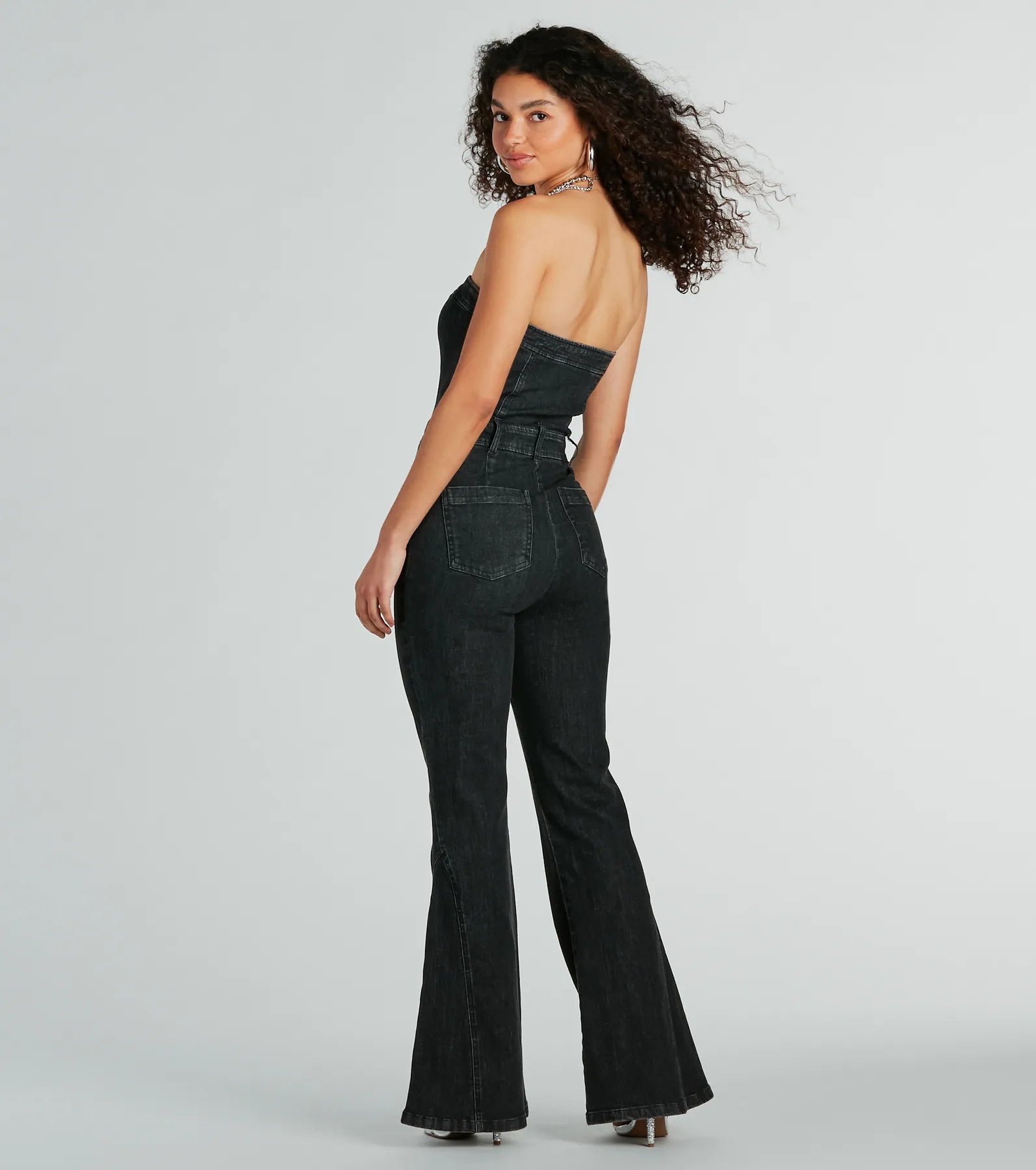 Flirty Retro Strapless Flare Denim Jumpsuit - Image 2