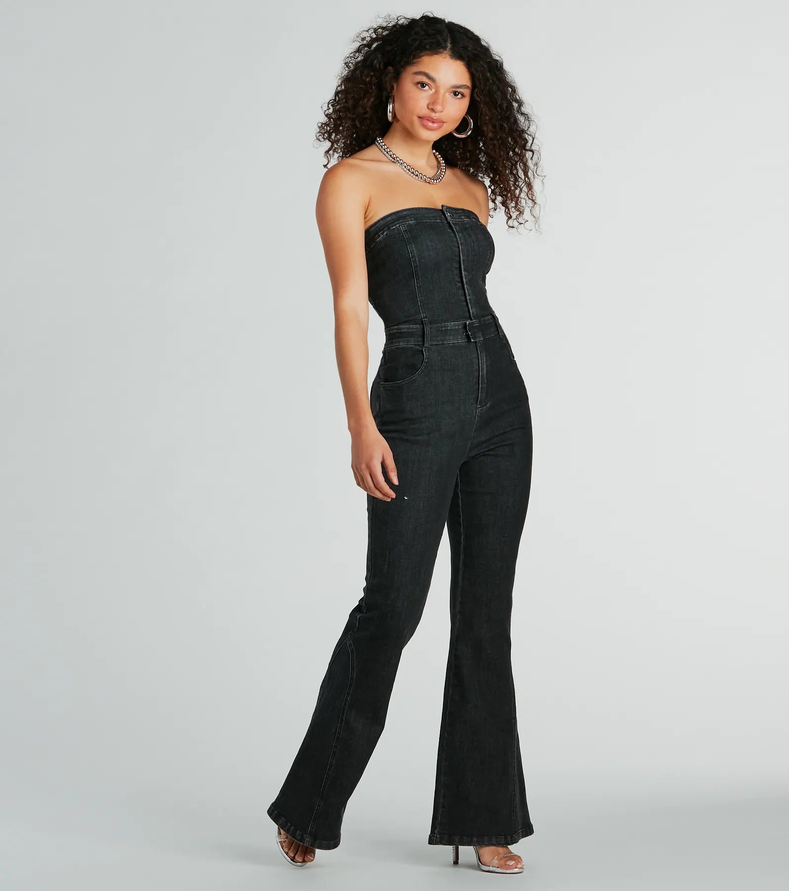 Flirty Retro Strapless Flare Denim Jumpsuit - Image 3
