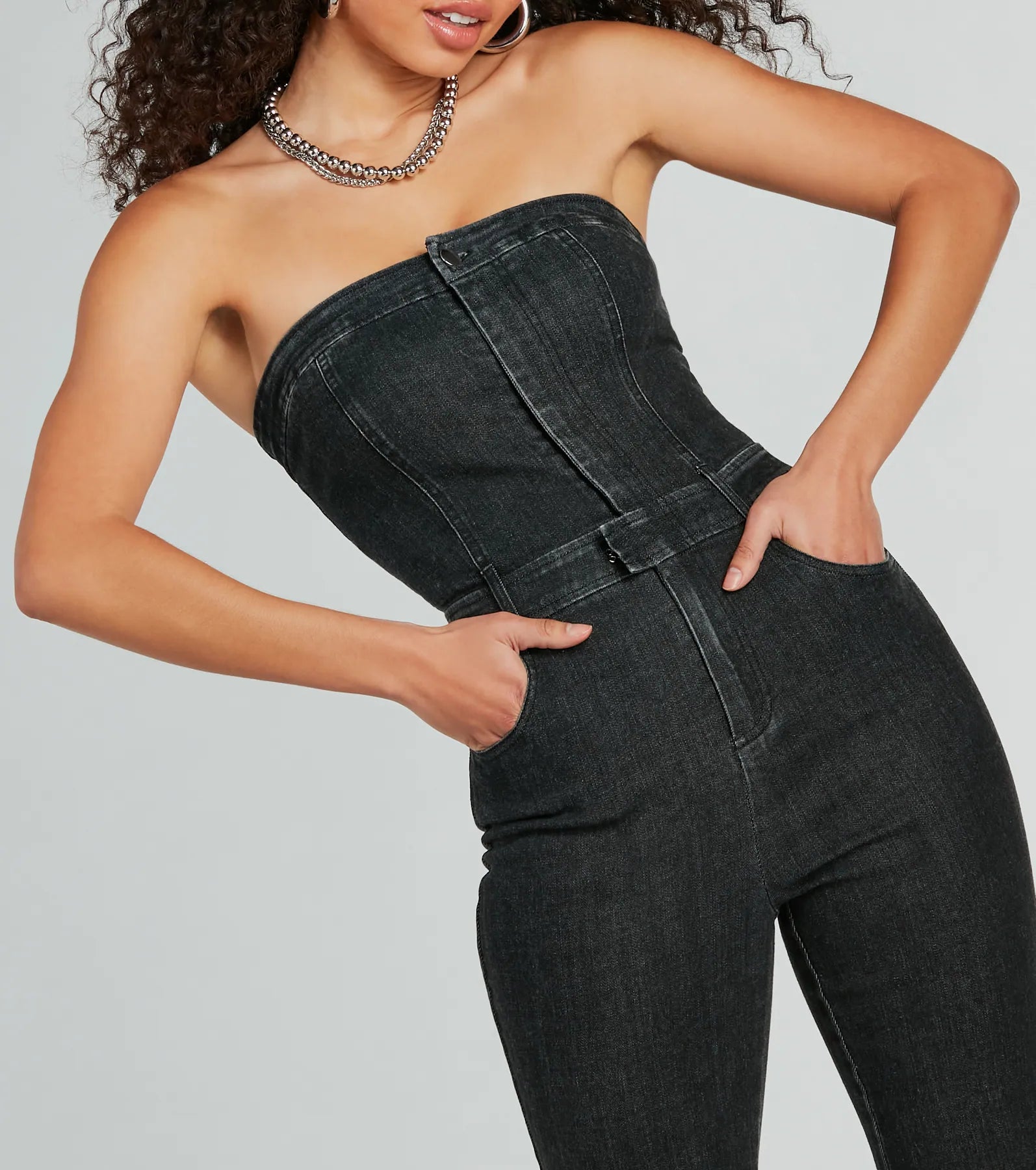 Flirty Retro Strapless Flare Denim Jumpsuit - Image 4