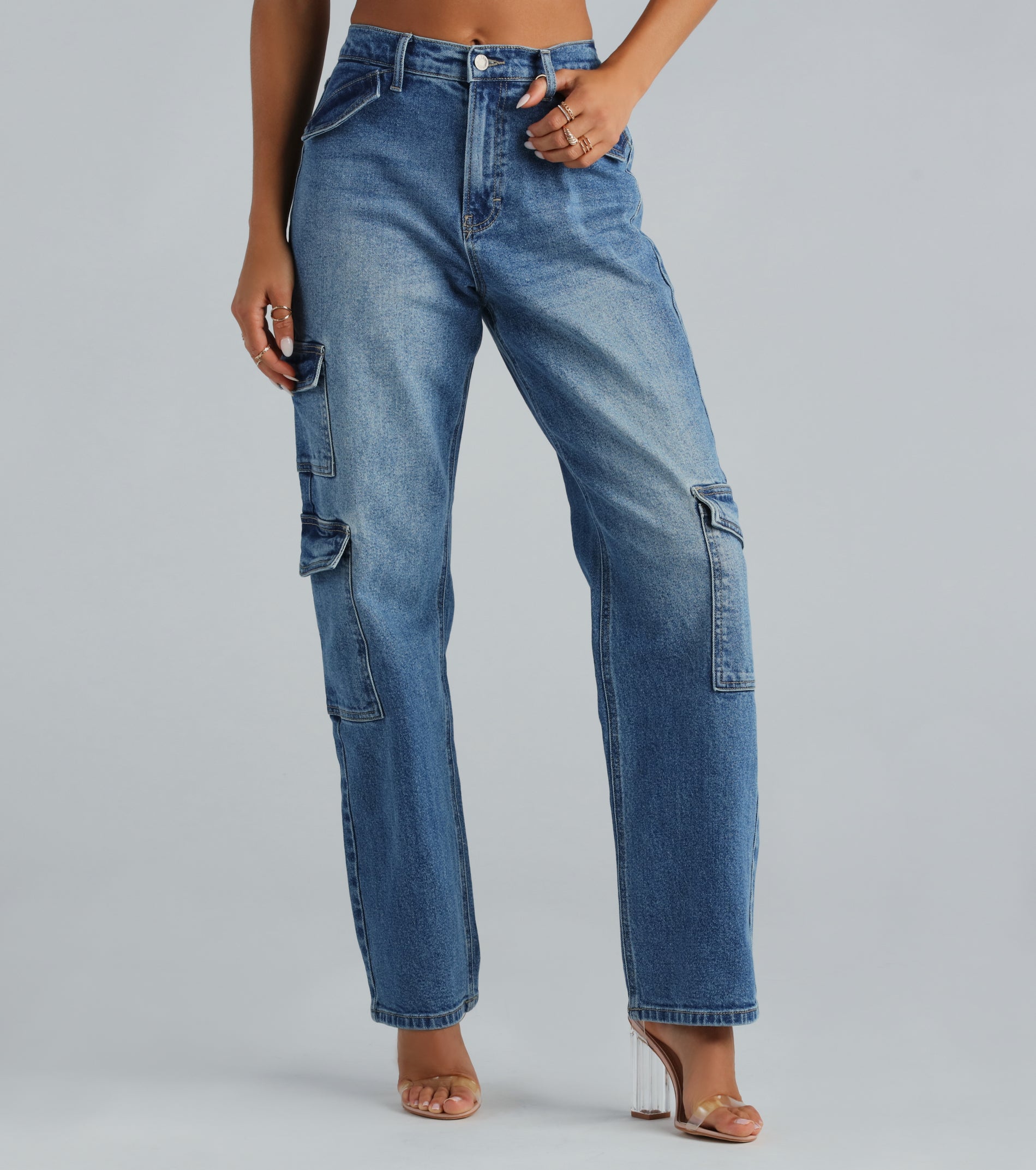 Mid-Rise Cargo-Style Baggy-Leg Jeans - Image 2