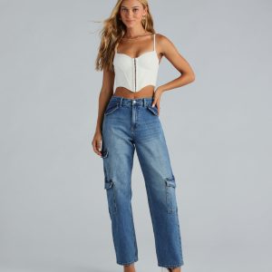 Mid-Rise Cargo-Style Baggy-Leg Jeans