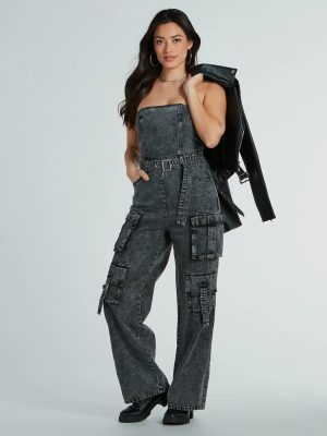 Pit Stop Strapless Cargo Acid Wide-Leg Denim Jumpsuit