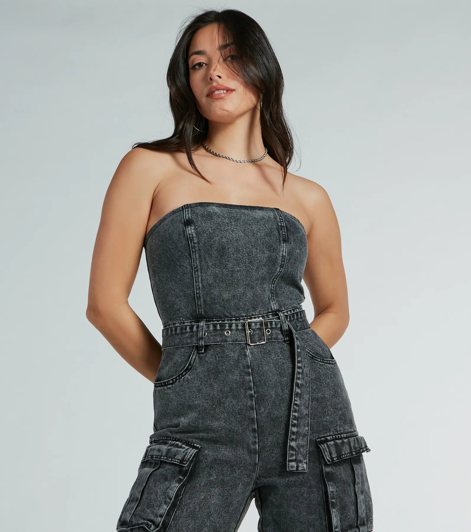 Pit Stop Strapless Cargo Acid Wide-Leg Denim Jumpsuit - Image 3