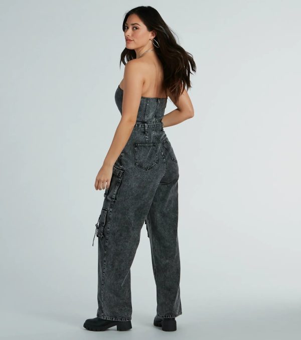 Pit Stop Strapless Cargo Acid Wide-Leg Denim Jumpsuit - Image 2