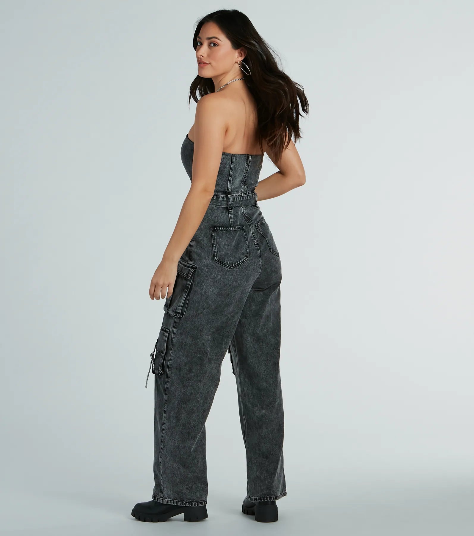 Pit Stop Strapless Cargo Acid Wide-Leg Denim Jumpsuit - Image 2