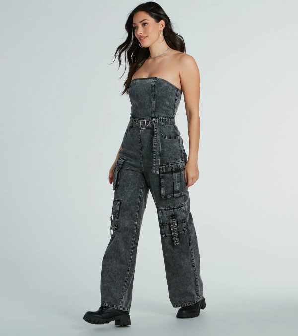 Pit Stop Strapless Cargo Acid Wide-Leg Denim Jumpsuit - Image 4