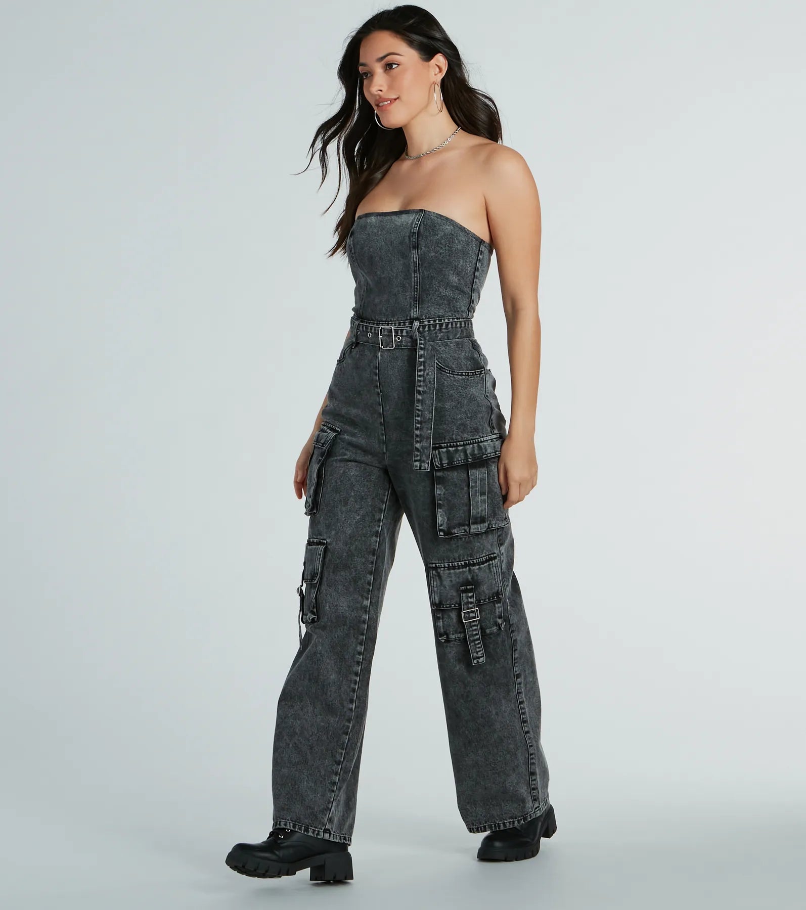 Pit Stop Strapless Cargo Acid Wide-Leg Denim Jumpsuit - Image 4