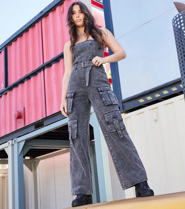 Pit Stop Strapless Cargo Acid Wide-Leg Denim Jumpsuit - Image 5