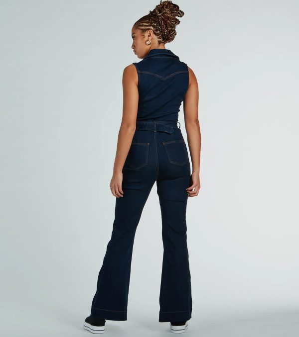 Retro Vibes Belted Flared-Leg Denim Jumpsuit - Image 2