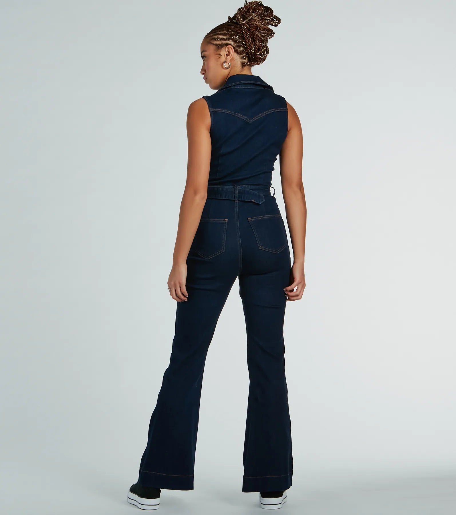 Retro Vibes Belted Flared-Leg Denim Jumpsuit - Image 2