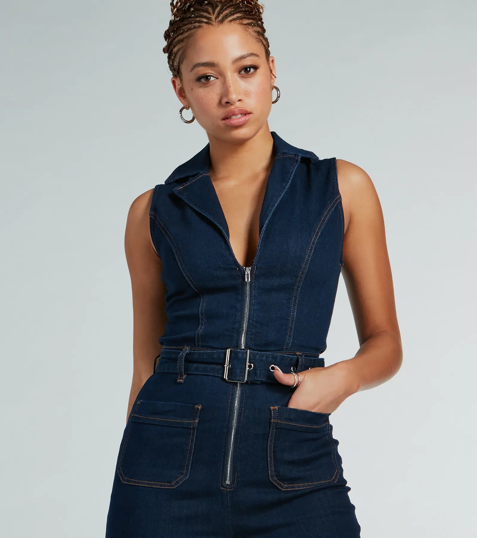 Retro Vibes Belted Flared-Leg Denim Jumpsuit - Image 3