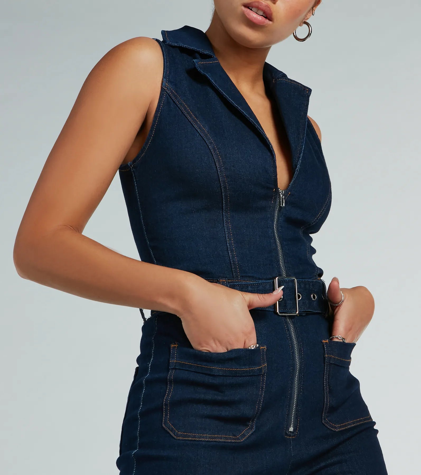 Retro Vibes Belted Flared-Leg Denim Jumpsuit - Image 4