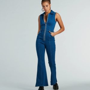 Retro Attitude Studded Flared-Leg Denim Jumpsuit