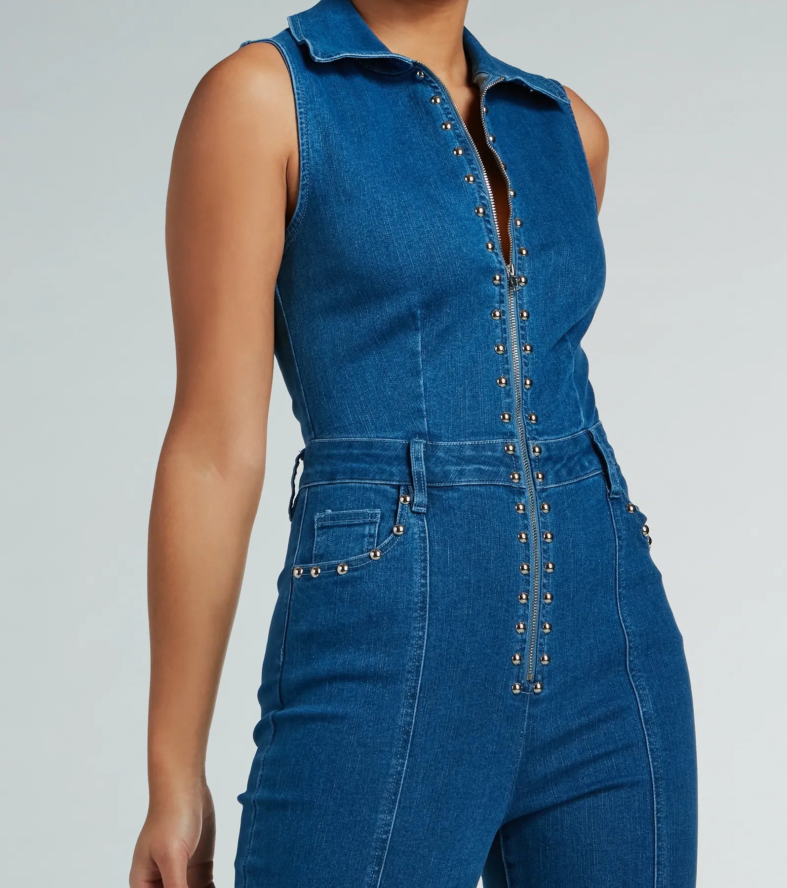 Retro Attitude Studded Flared-Leg Denim Jumpsuit - Image 3