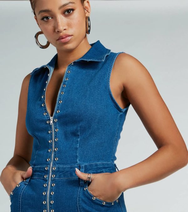 Retro Attitude Studded Flared-Leg Denim Jumpsuit - Image 4
