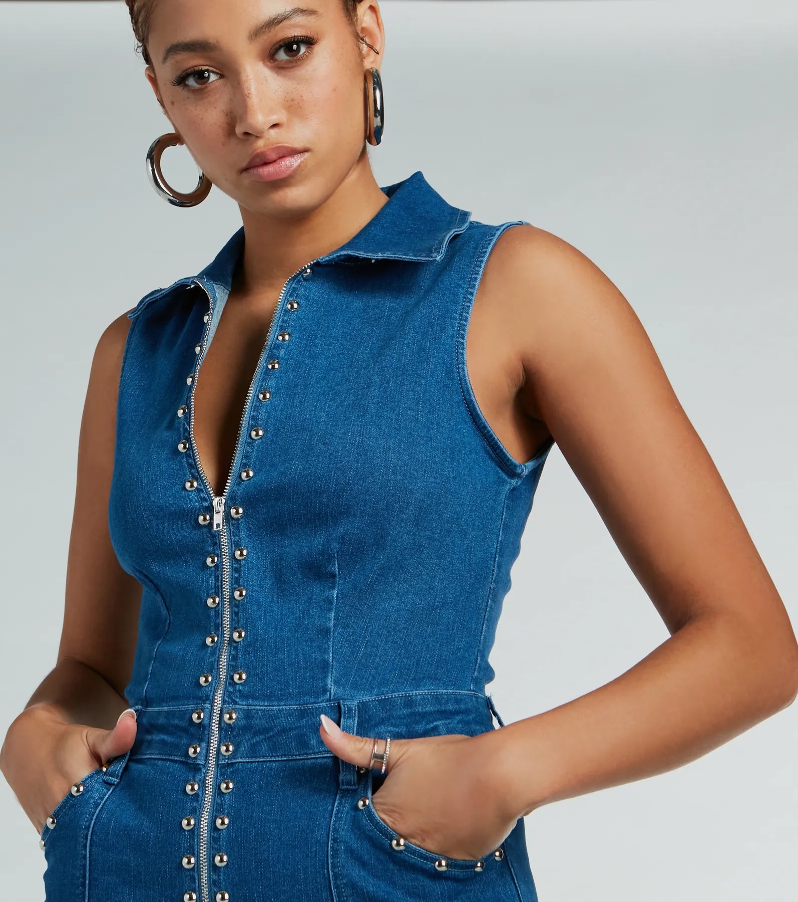 Retro Attitude Studded Flared-Leg Denim Jumpsuit - Image 4