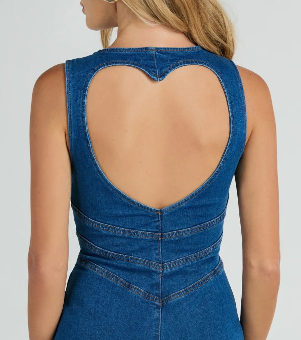 Heart Open Zip Up Flare Denim Jumpsuit - Image 4