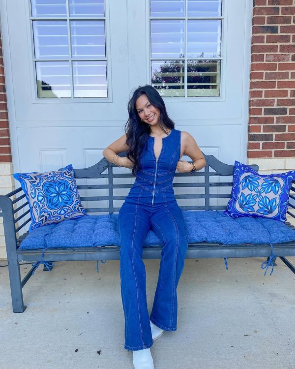 Heart Open Zip Up Flare Denim Jumpsuit - Image 5