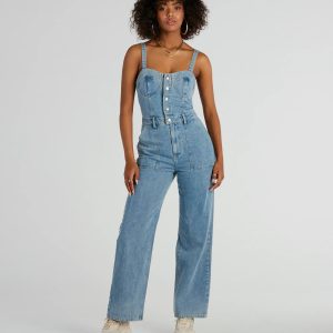 Trendy Perfection Button Up Wide Leg Denim Jumpsuit