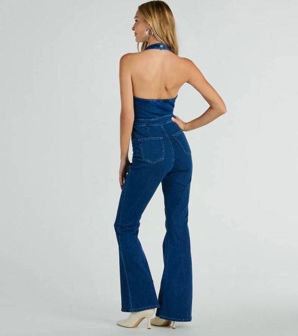 Coolest In Town Halter Zip-Up Flare Denim Jumpsuit - Image 2