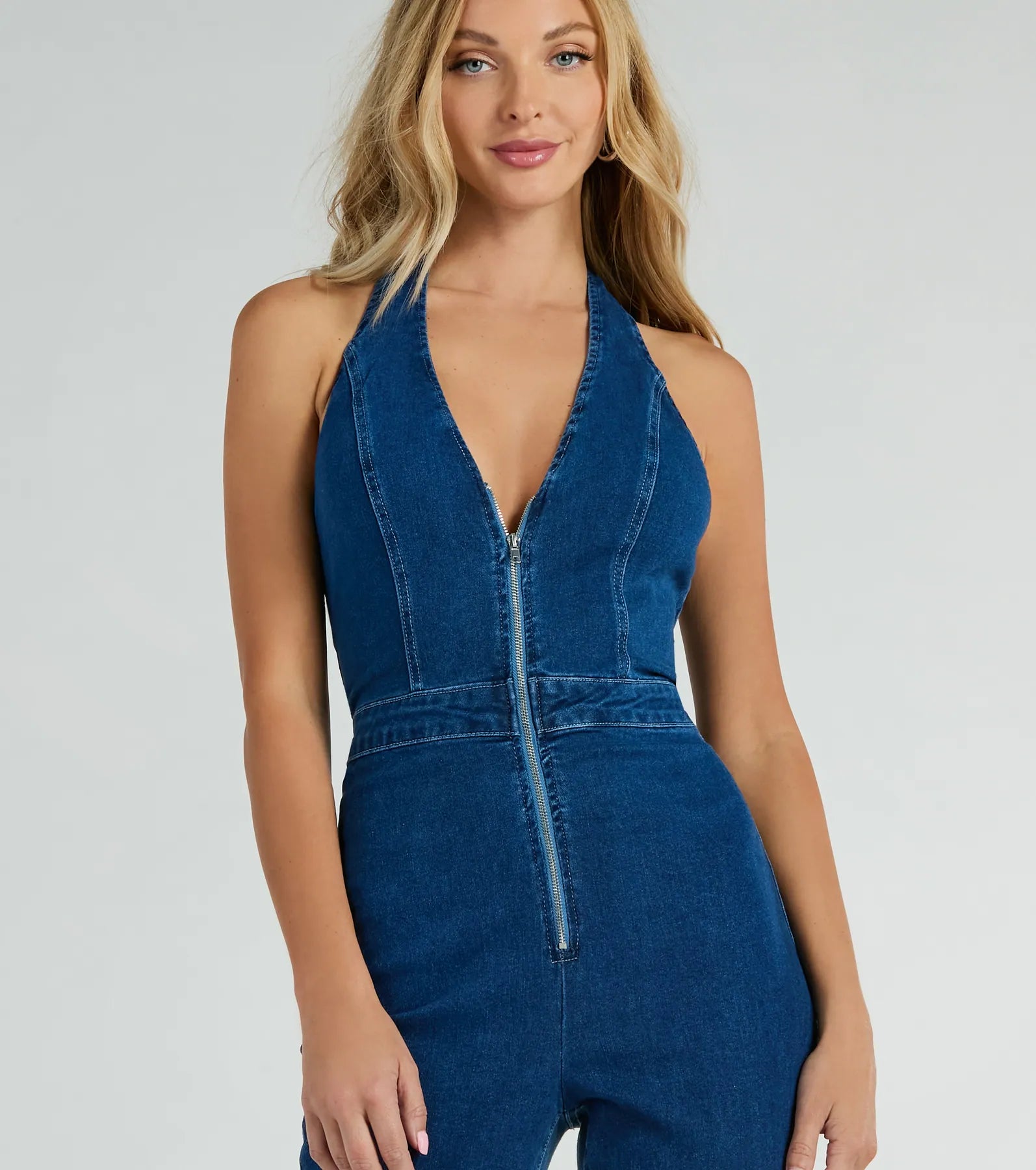 Coolest In Town Halter Zip-Up Flare Denim Jumpsuit - Image 3