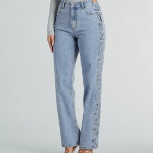 Trendy Business High-Rise Lace-Up Denim Jeans