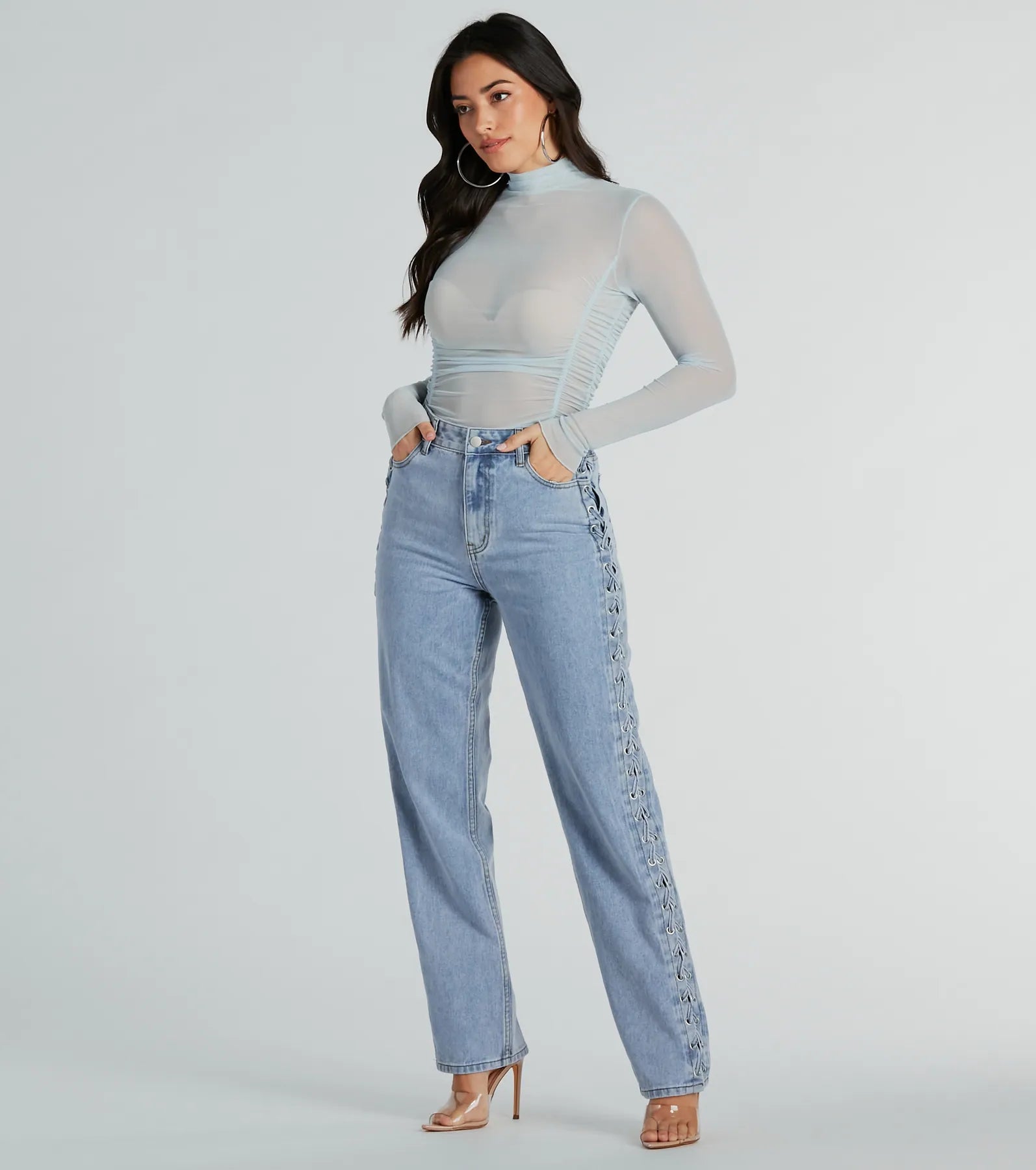 Trendy Business High-Rise Lace-Up Denim Jeans - Image 2