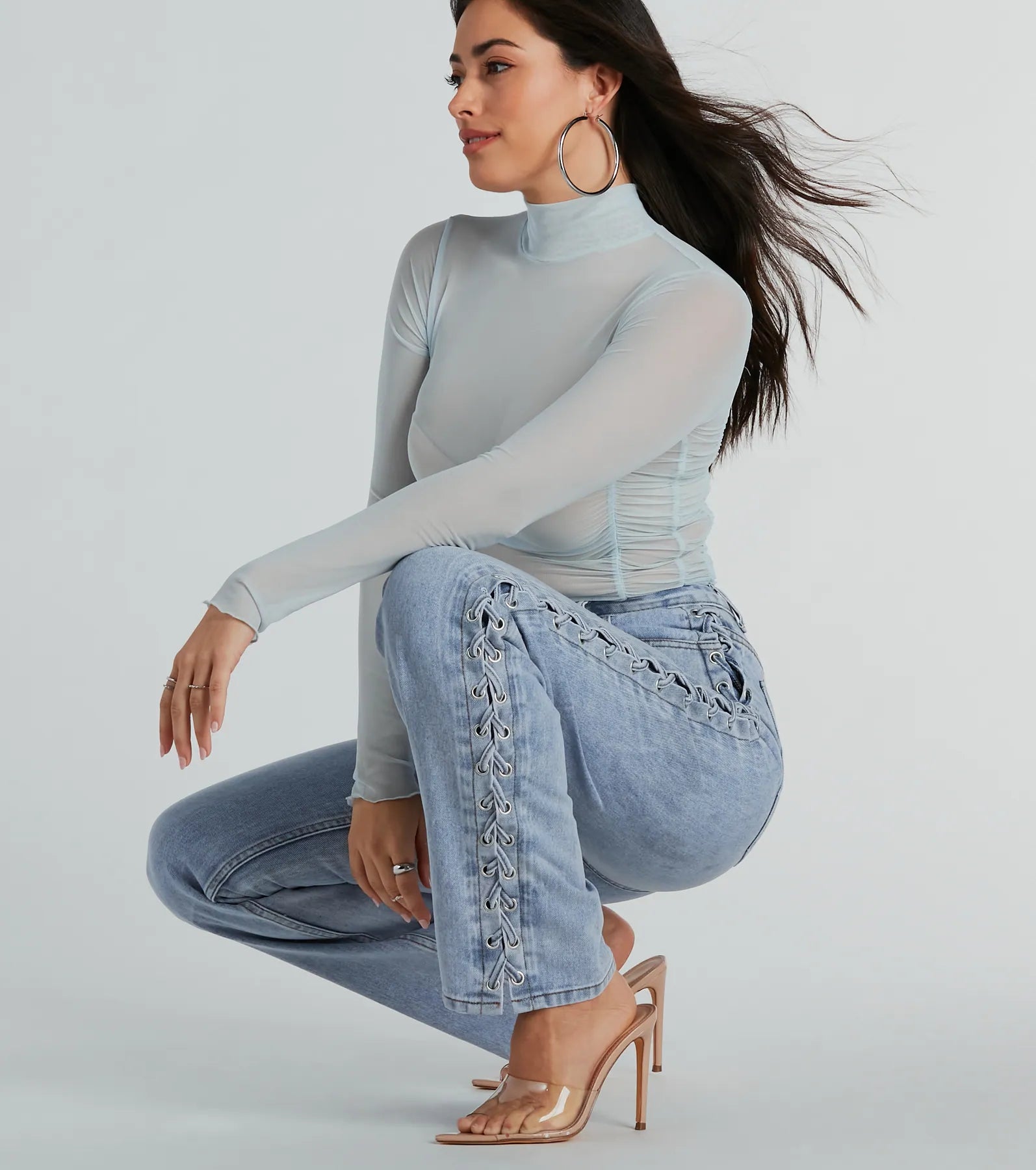 Trendy Business High-Rise Lace-Up Denim Jeans - Image 3