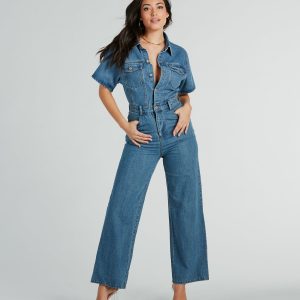 One And Done Short Sleeve Wide-Leg Denim Jumpsuit