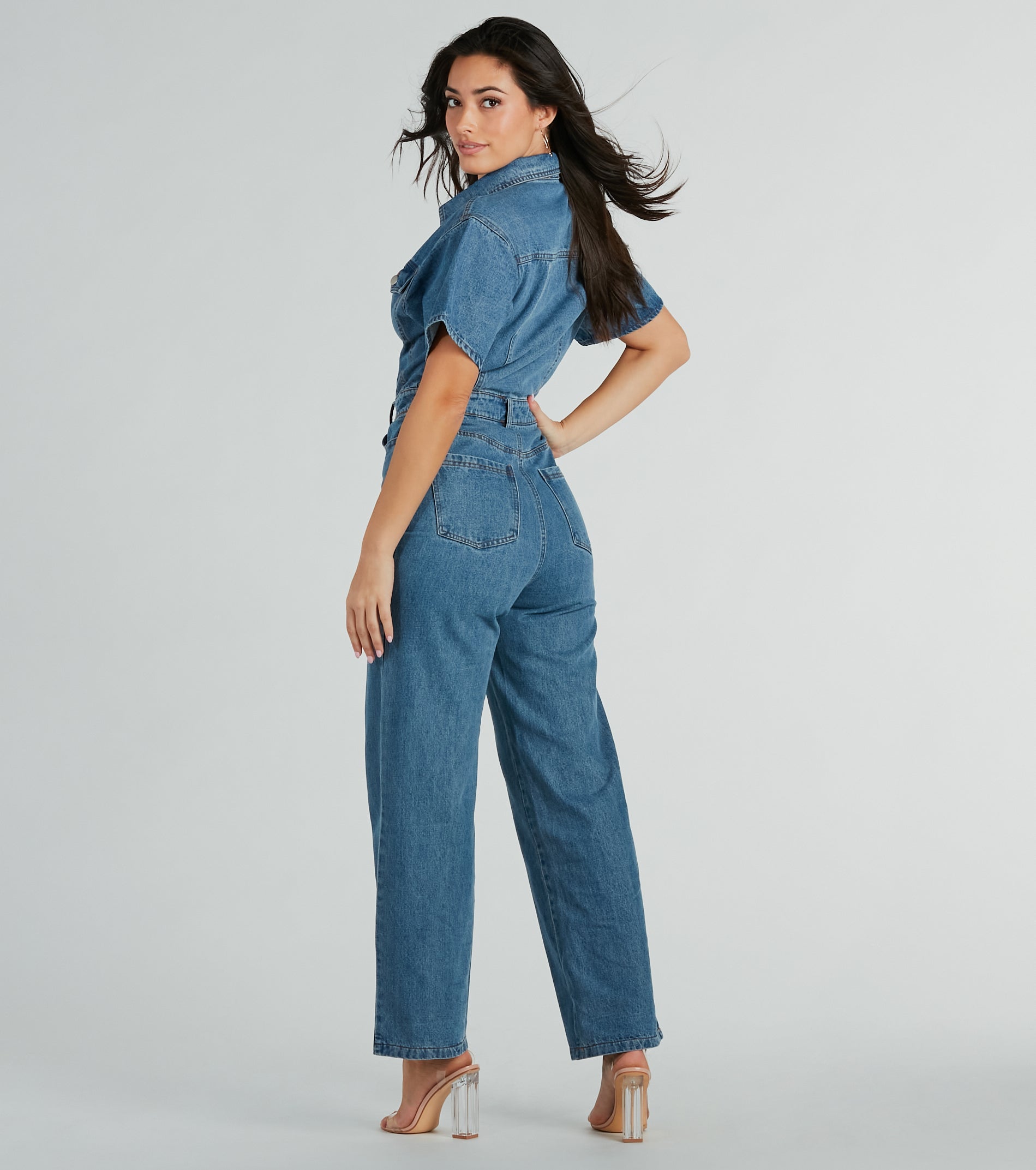 One And Done Short Sleeve Wide-Leg Denim Jumpsuit - Image 2
