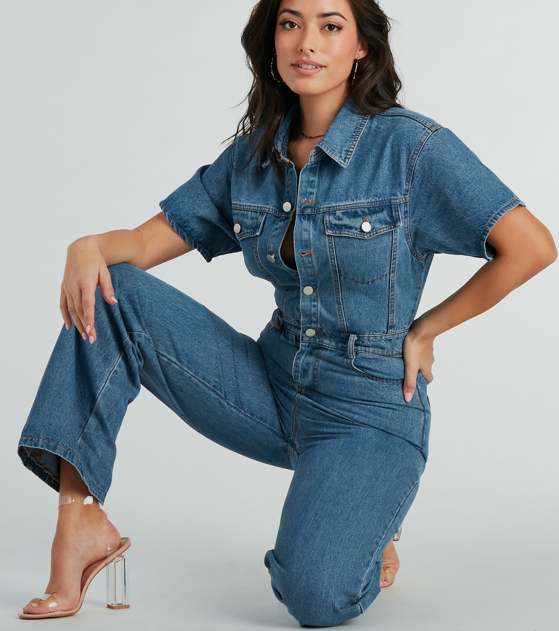 One And Done Short Sleeve Wide-Leg Denim Jumpsuit - Image 3