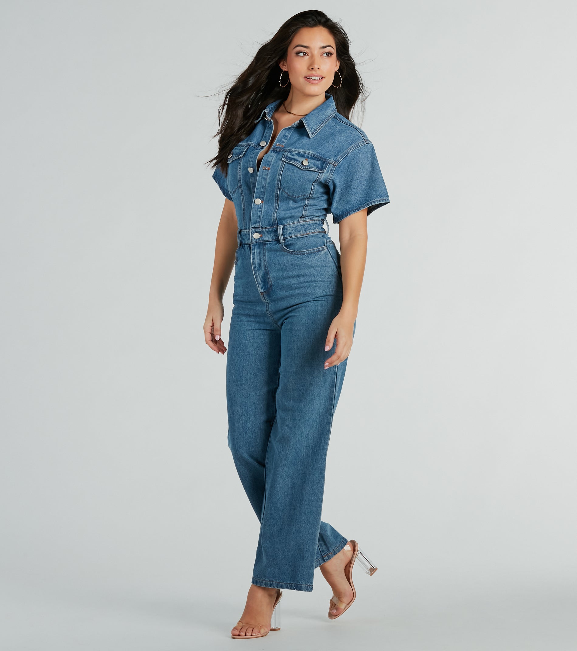 One And Done Short Sleeve Wide-Leg Denim Jumpsuit - Image 4