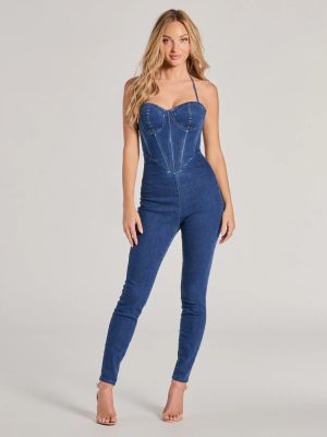Fresh Feels Halter Sweetheart Corset Denim Catsuit