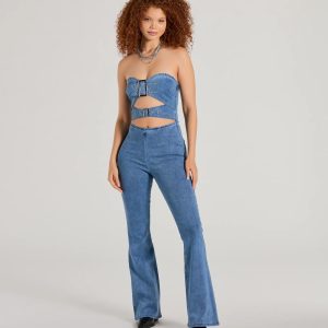 Double The Style Buckle Cutout Flare Denim Jumpsuit