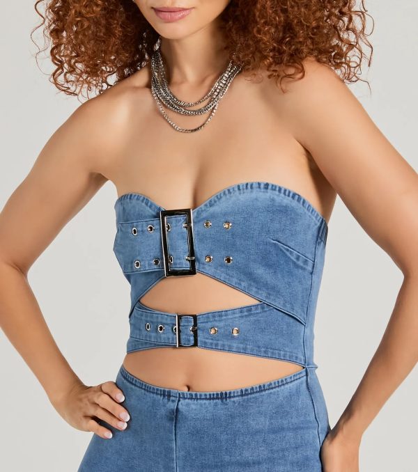 Double The Style Buckle Cutout Flare Denim Jumpsuit - Image 3